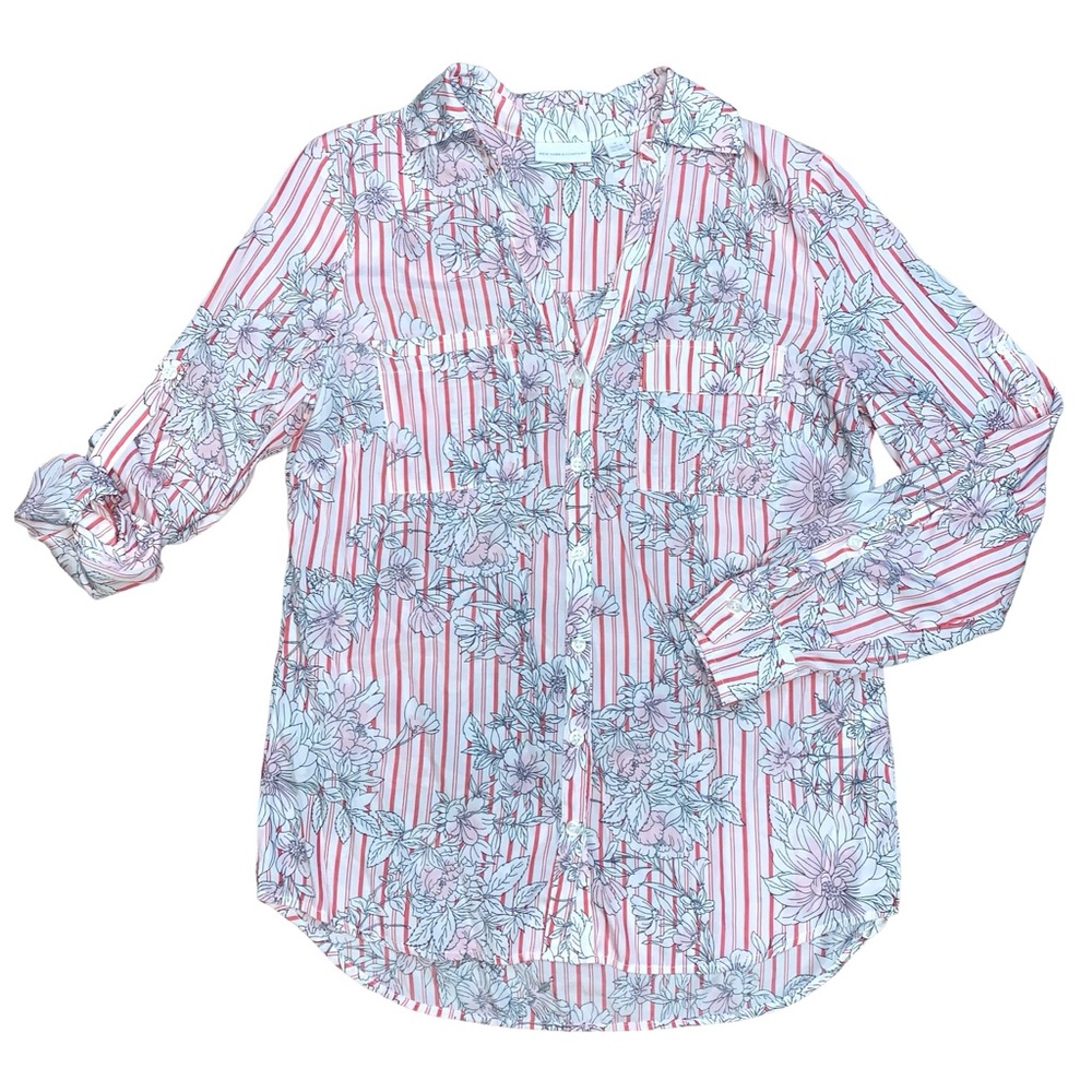 NY&Co Roll Tab Sleeves Striped Floral Button Down Shirt Medium Collared Light